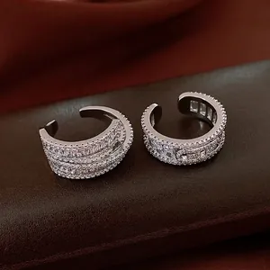 Luxury Zircon Alloy Ring Open Adjustable Geometric Pave Trendy Jewelry For Women Elegant Silver Tone