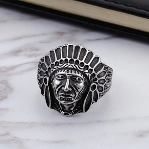 Retro stainless steel Indian chief ring for men with vintage silver finish and detailed face