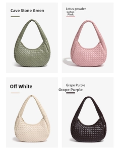 Detail showing woven texture and four color options for the stylish Hobo dumpling bag