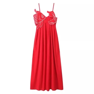 Robe Midi Rouge À Bretelles Spaghetti Pour Femme Sexy Sans Manches Broderie Poisson Élégante Plissée Polyester