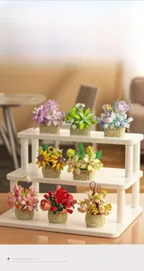 Miniature flower building block set featuring roses and lilies in woven texture baskets