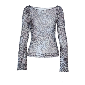 Close-up of semi-sheer mesh fabric texture on blue leopard print long sleeve top