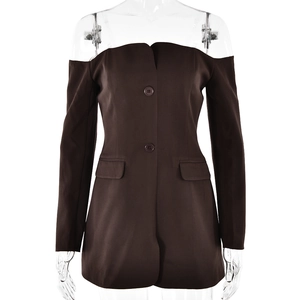 Detail view of the brown off-the-shoulder blazer dress with buttons and flap pockets