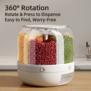 Rotating cereal dispenser with compartmentalized storage for rice and grains in white finish