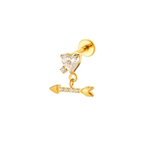 Titanium flat back stud with heart zircon and arrow charm in gold finish
