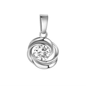 Macro detail of a silver rose pendant with a sparkling center cubic zirconia stone