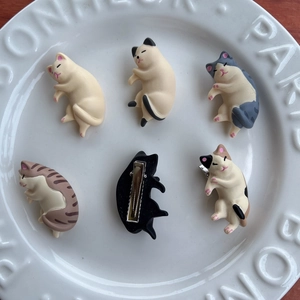 Set of 6 cute 3D cartoon cat hair clips in various colors on a white ceramic plate