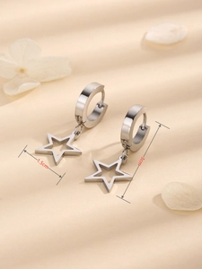Detailed size view of silver star hoop earrings showing 3cm length and 1.5cm star width