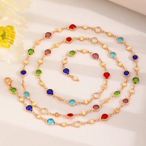 Adjustable Y-shaped gold chain necklace with colorful crystal rhinestones on white background