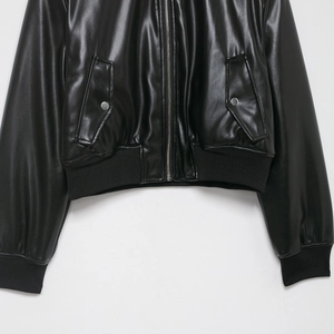 Women's black cropped faux leather bomber jacket with front zipper and flap pockets