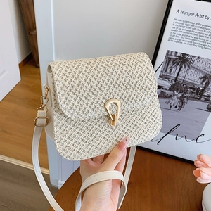 Fashionable woven crossbody bag in beige with gold horseshoe clasp and adjustable strap