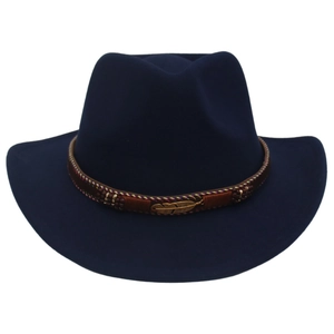 Detail of navy wool felt hat featuring brown band with golden feather metal pendant