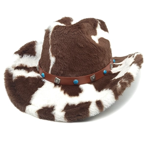 Faux fur western cowboy hat with cow print, brown band and turquoise stone accessories