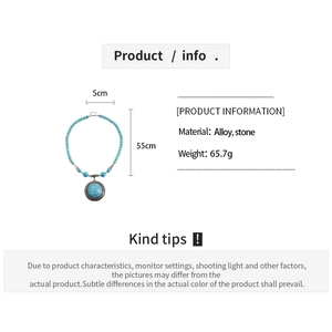 Detailed spec sheet of retro beaded necklace with blue stone pendant and alloy chain