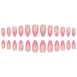Pink gradient press-on nails with 3D bows, pearls and French tip design set of 24