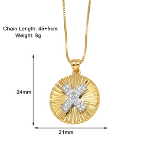 Detail showing 24x21mm letter X pendant with dimensions and 45+5cm gold chain specs