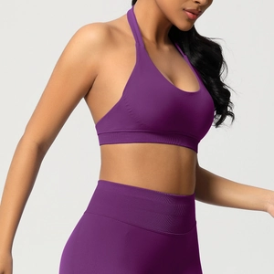 Détails du soutien-gorge de sport dos nu sans couture violet et du legging taille haute