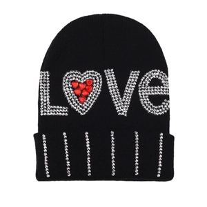 Black knit beanie for winter featuring sparkling rhinestone LOVE heart pattern decoration
