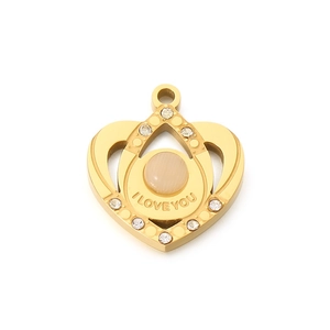 Golden heart pendant with beige opal, small diamonds and I LOVE YOU engraving