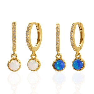 925 Sterling Silver Huggie Hoop Earrings With Synthetic Opal Round Pendant And Zircon Geometric Jewelry For Women