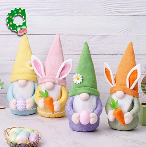 Group of colorful Easter gnomes with rabbit ears holding decorative eggs and carrots