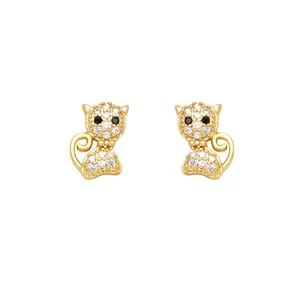 Cute gold plated cat stud earrings with sparkling white zircons and black stone eyes