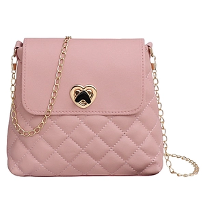 Pink quilted bucket bag with golden heart clasp and chain strap for women