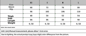 Detailed size guide table for high waist wide leg denim trousers with waist measurements