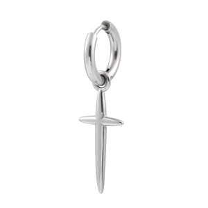 Vintage stainless steel silver hoop earrings with cross sword pendant for hip hop fashion