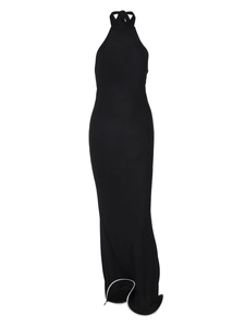 Detail of black ribbed knit halter dress with elegant white piping and mermaid hemline