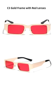 Detail view of gold metal square sunglasses with vintage red lenses and thick frames