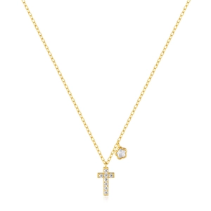 Exquisite 925 sterling silver gold necklace with flower and diamond cross pendant