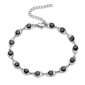 Silver stainless steel evil eye chain bracelet with adjustable lobster clasp and charms