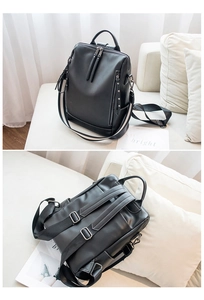 Front and back views of a large black soft leather backpack for women's casual travel