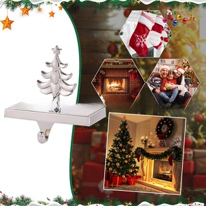 Silver Christmas tree stocking holder with polished mirror finish for fireplace mantel décor