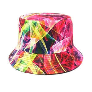 Close-up of vibrant abstract print bucket hat showing fabric texture and stitch details