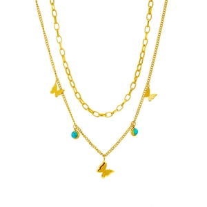 Double-layered gold titanium necklace with turquoise beads and butterfly pendants