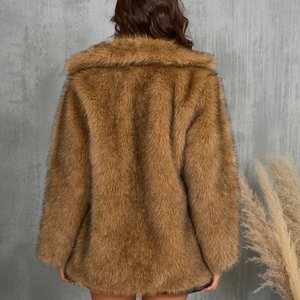 Brown long-sleeved faux fur coat for women featuring a plush texture and warm winter design