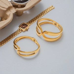 Minimalist 18K gold-plated double-layer spring bangles with matching square dial watch