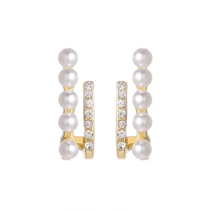 Elegant gold double row U-shaped earrings with white pearls and sparkling cubic zirconia
