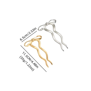 Minimalist bow hair sticks in gold and silver finish with size and weight dimensions
