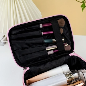 Pink stone pattern travel makeup bag with large capacity and internal brush slots
