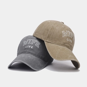 Distressed cotton baseball cap with WIFE LIFE embroidery in grey and khaki colors