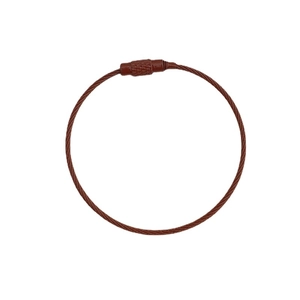 Brownish red stainless steel wire keychain with secure screw lock closure on white background