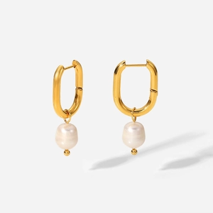 Elegant gold rectangular hoop earrings with dangling white freshwater pearls