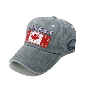Detail of vintage washed gray baseball cap with 3D Canada embroidery and flag patch