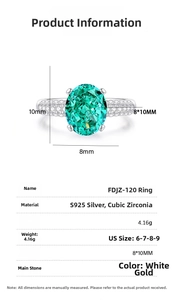 Detailed size specifications for S925 silver ring featuring 8x10mm oval emerald gemstone