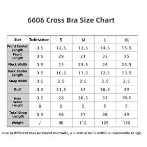 Detailed size chart for women's seamless cross back yoga bra showing S-XL measurements