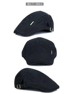 Detailed multi-angle view of black cotton flat cap with embroidery and metal logo