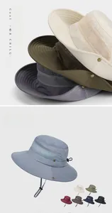 Detail of breathable mesh crown and adjustable windproof rope on sun protection hats